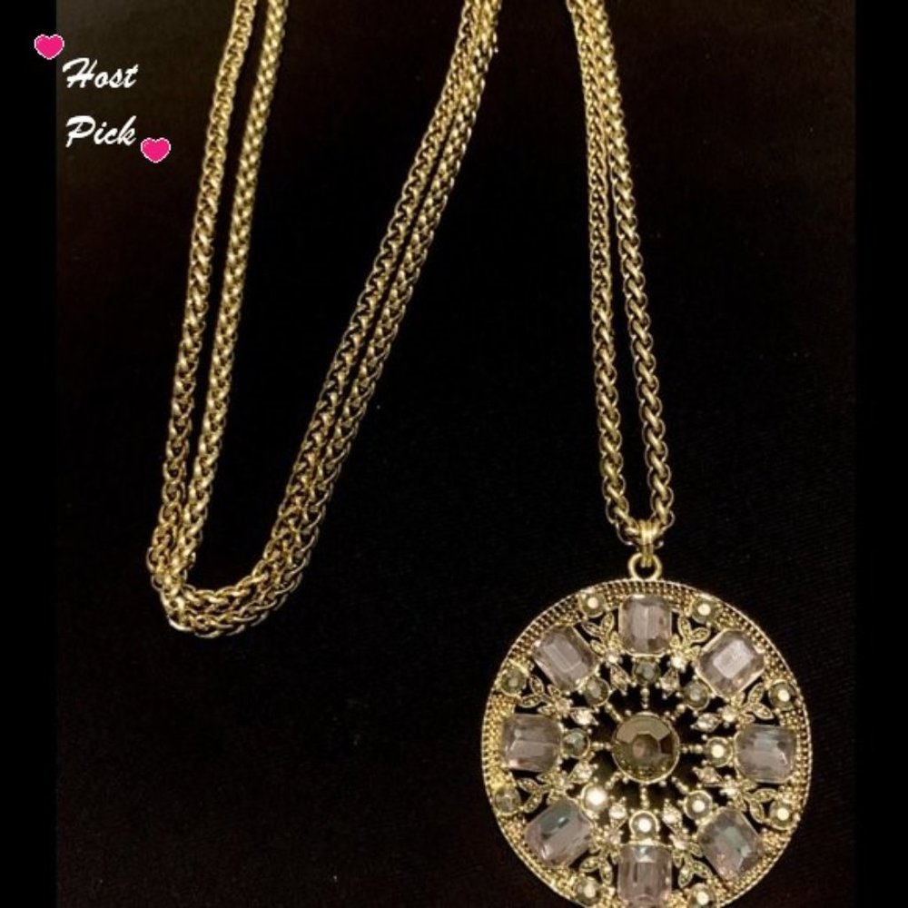 Purple Glass Medallion Large Pendant Long Statement Necklace 36”
